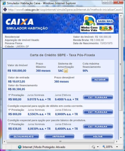 Simulador da Caixa - Financiamento da casa pr&oacute;pria