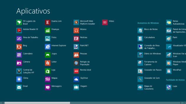 Relação de aplicativos do Windows 8