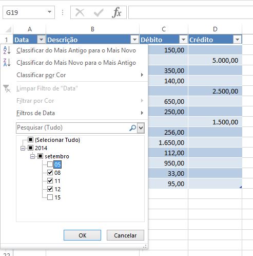 filtro com caixa de seleção no Excel