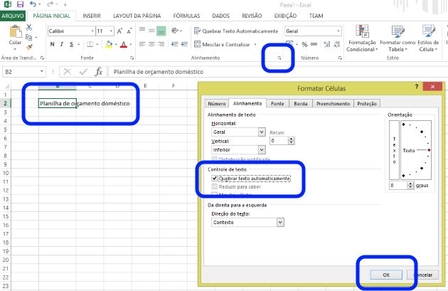 Quebra automática de textos excel