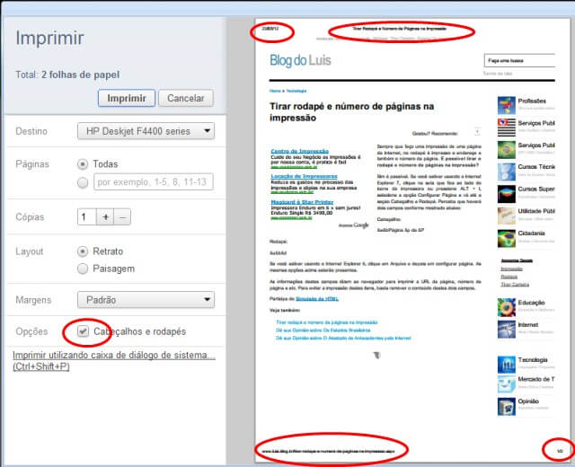 Configurar cabeçalho e rodapé na impressão do Google Chrome