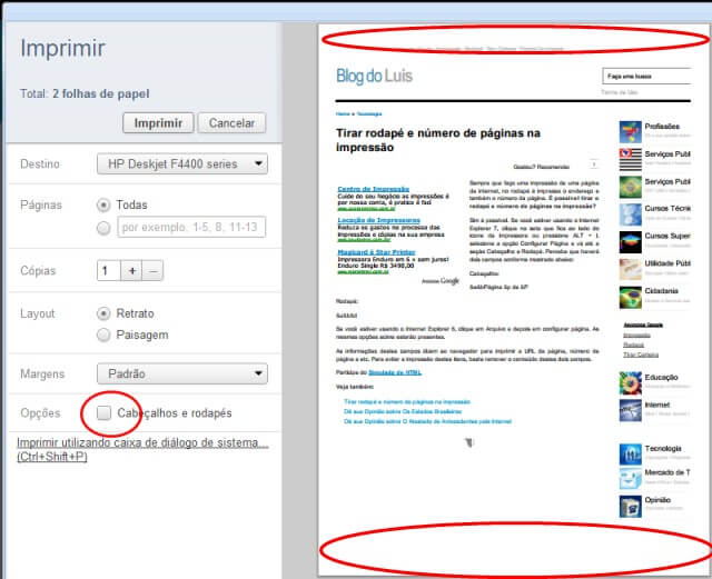 Configurar cabeçalho e rodapé na impressão do Google Chrome