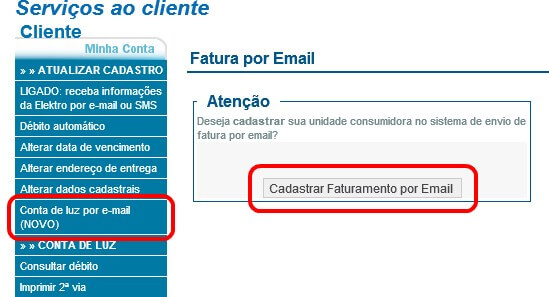 Cadastro de Conta de luz por email de Elektro