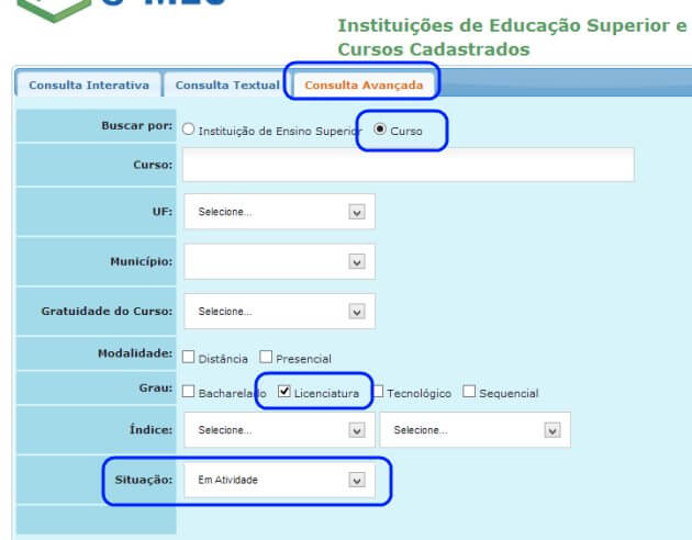 cursos de licenciatura no MEC