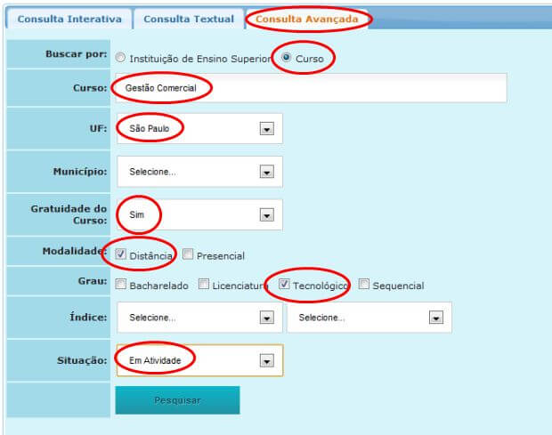 Consulta avançada no e-MEC