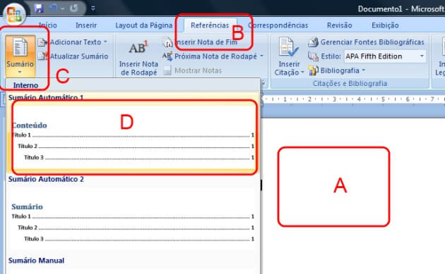 Inserindo um sumário automaticamente com base nos títulos do documento